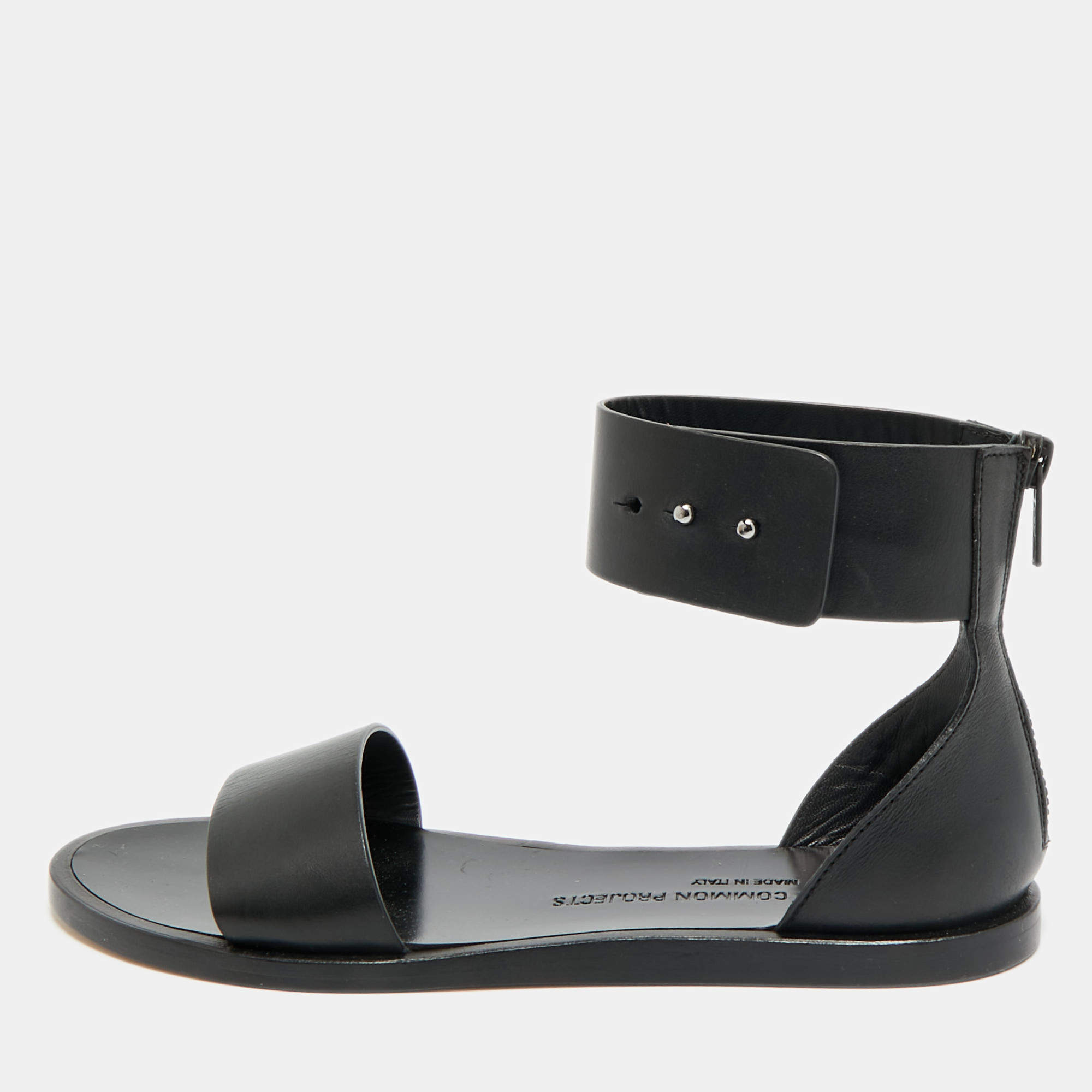 Pre Owned Common Projects Track Classic Size 37 Black Leather Ankle Strap Flat Sandals