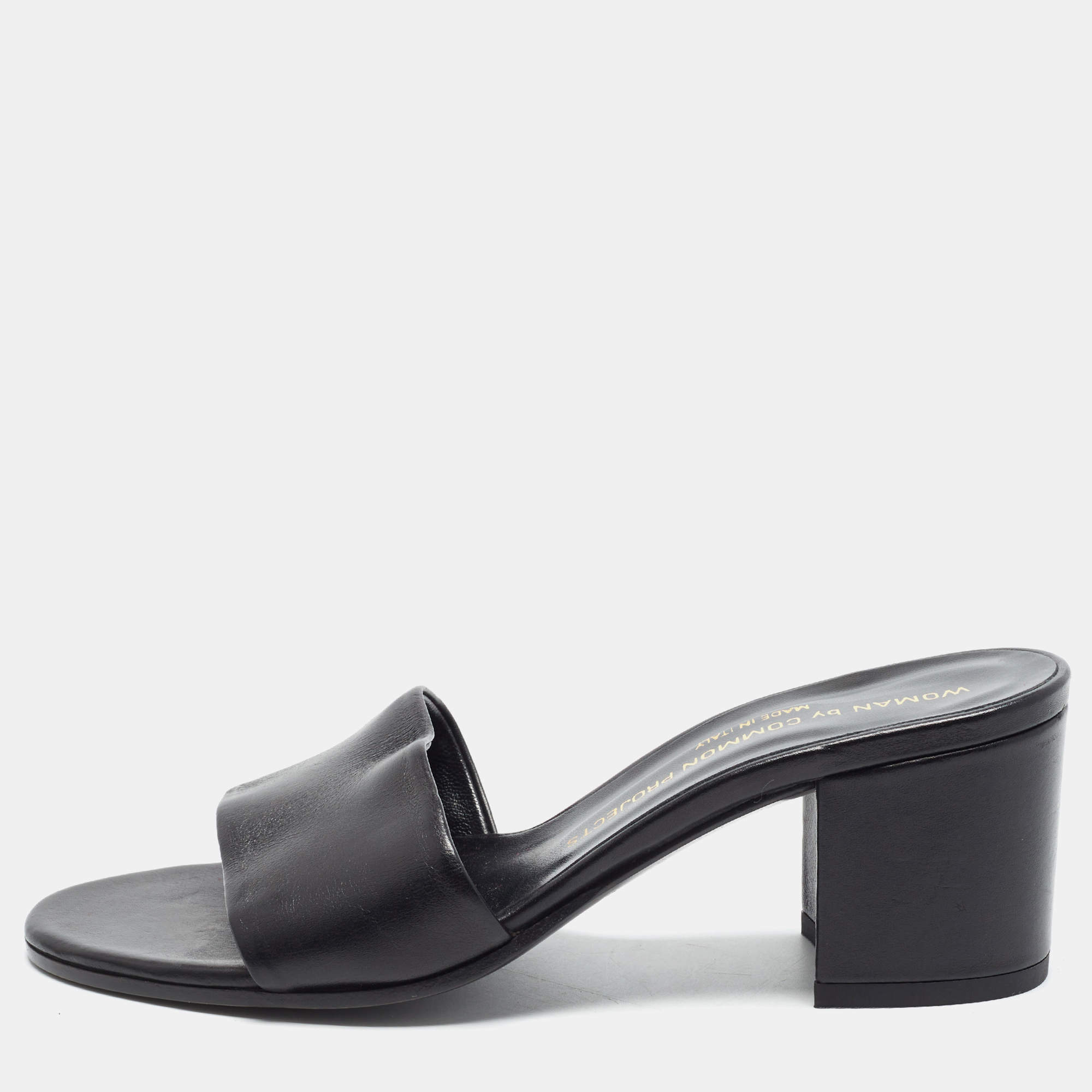 Pre Owned Common Projects Size 37 Black Leather Block Heel Slide Sandals