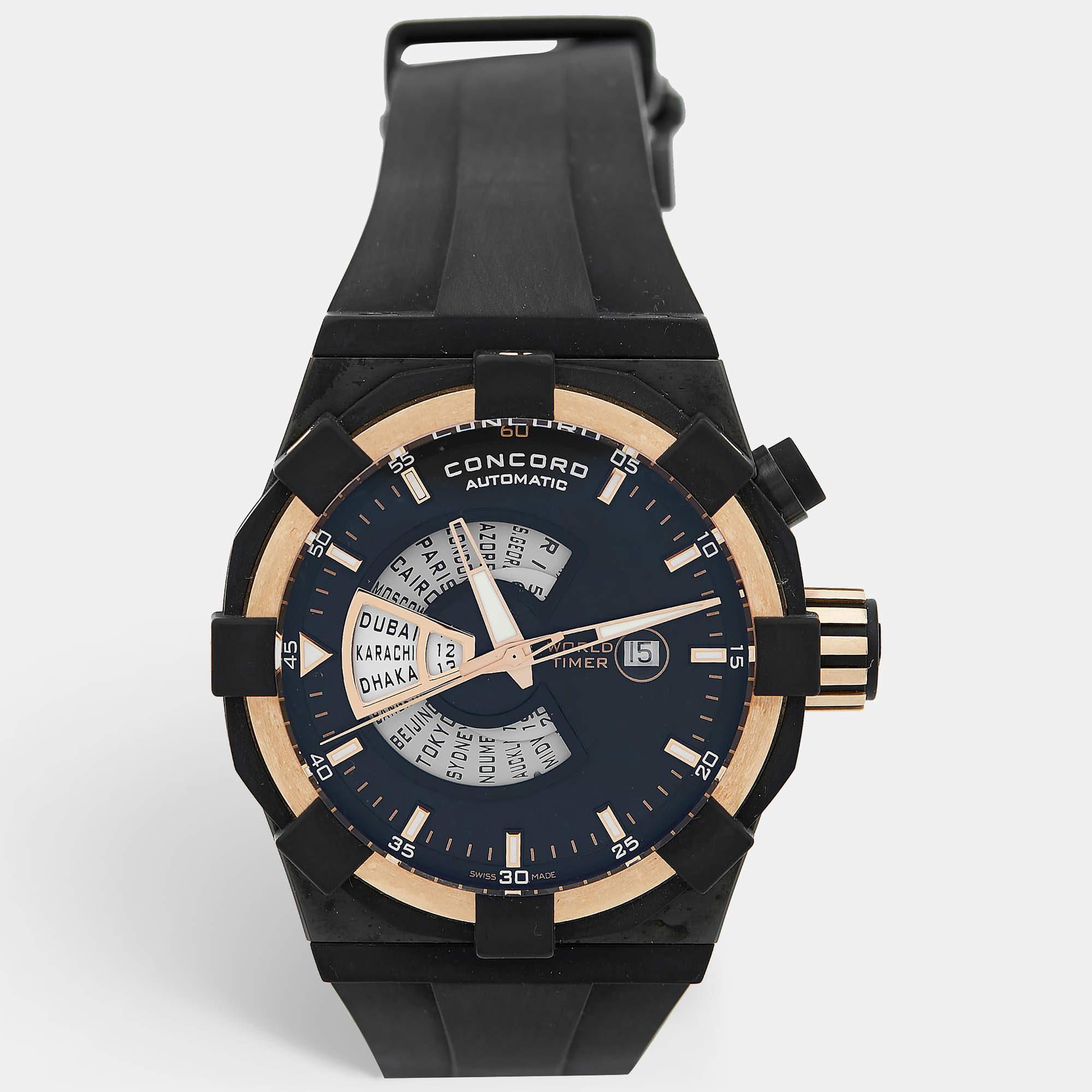 Concord Black 18k Rose Gold PVD Coated Stainless Steel Rubber C1 World Timer 01.6.78.1016 Men's Wristwatch 48 mm 