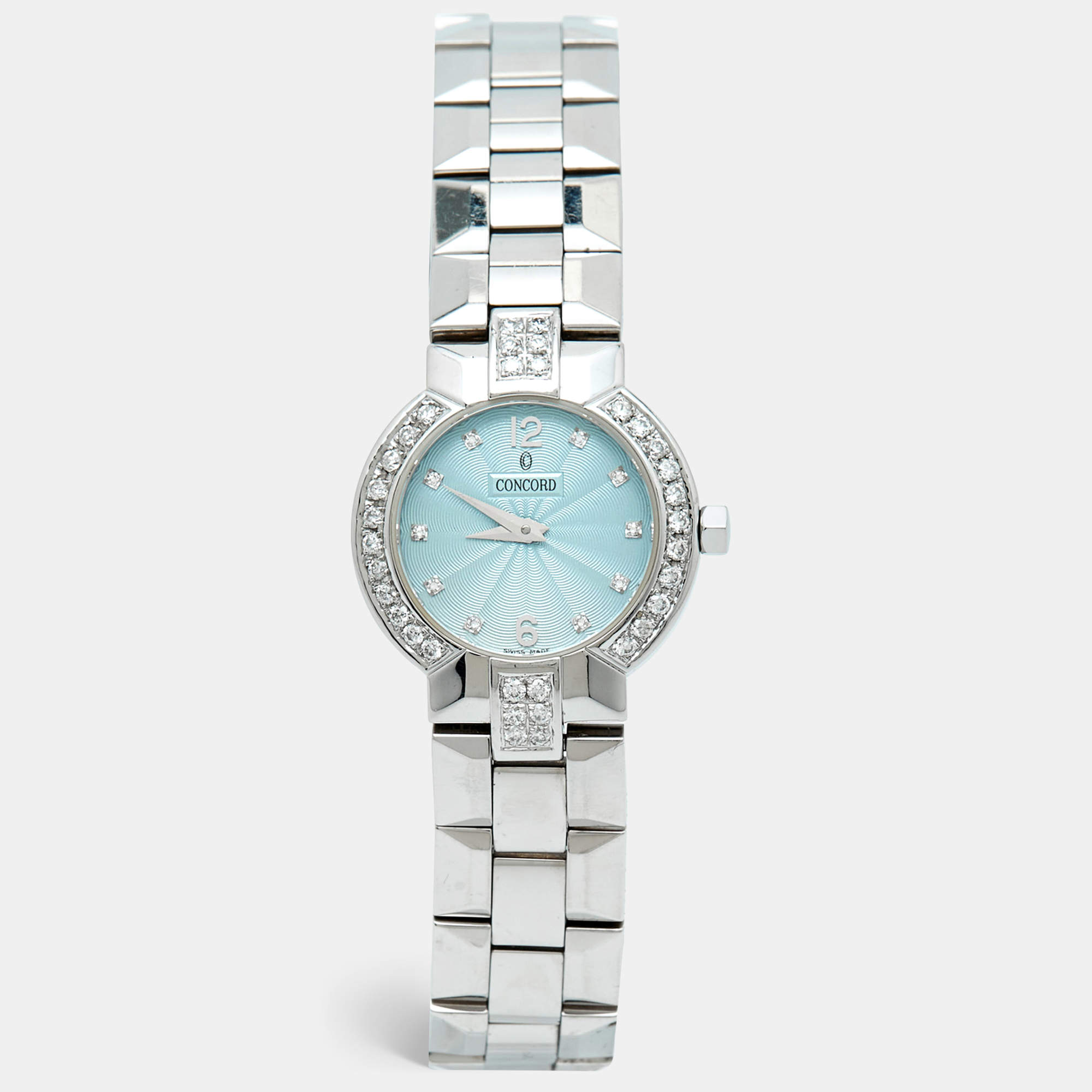 Pre Owned Concord La Scala 14.G4.1843 Powder Blue Dial Stainless Steel Diamond Women's Wristwatch 26 mm