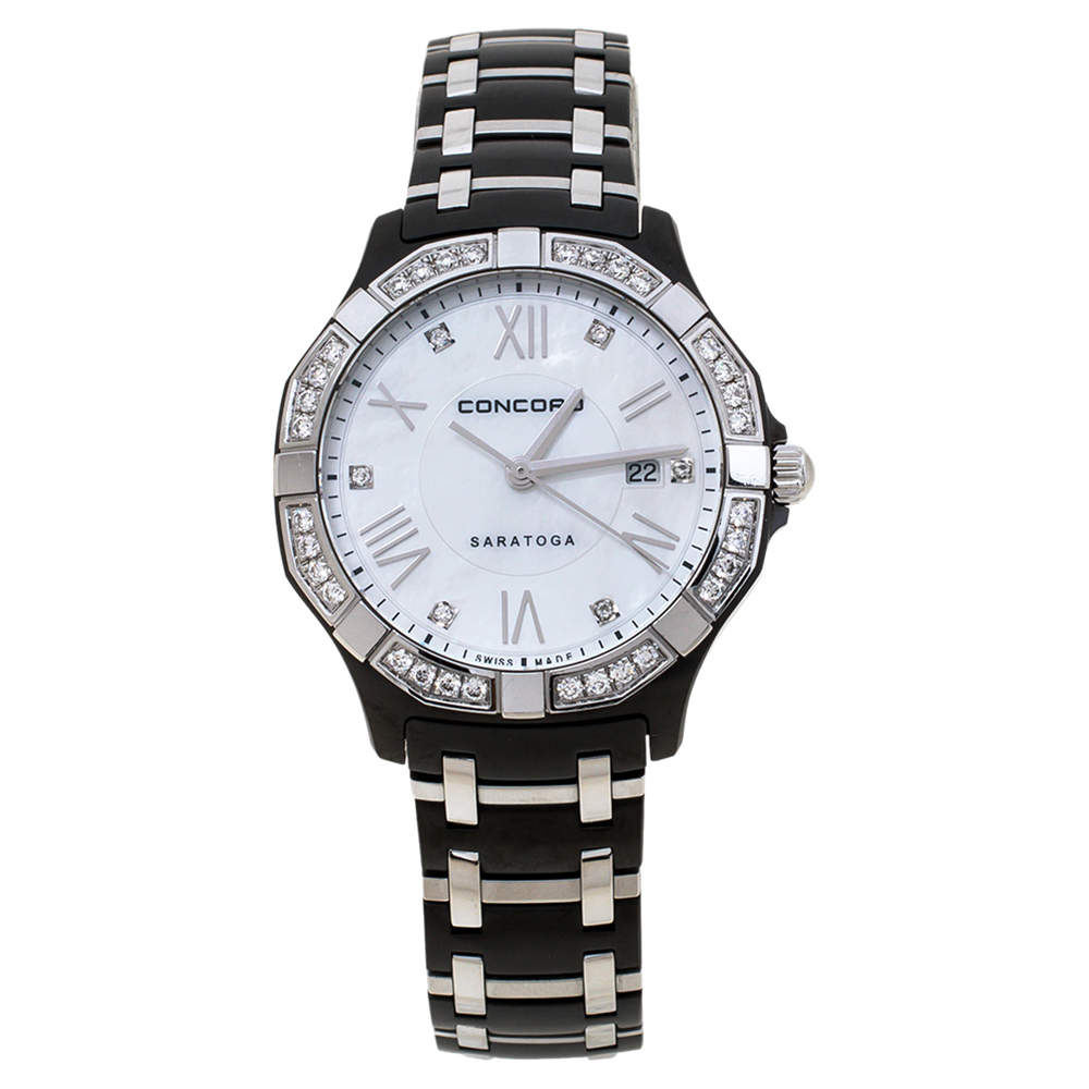 Concord White Mother Of Pearl Two-Tone Stainless Steel Diamond Saratoga CC.02.3.36.1091S Women's Wristwatch 31 mm
