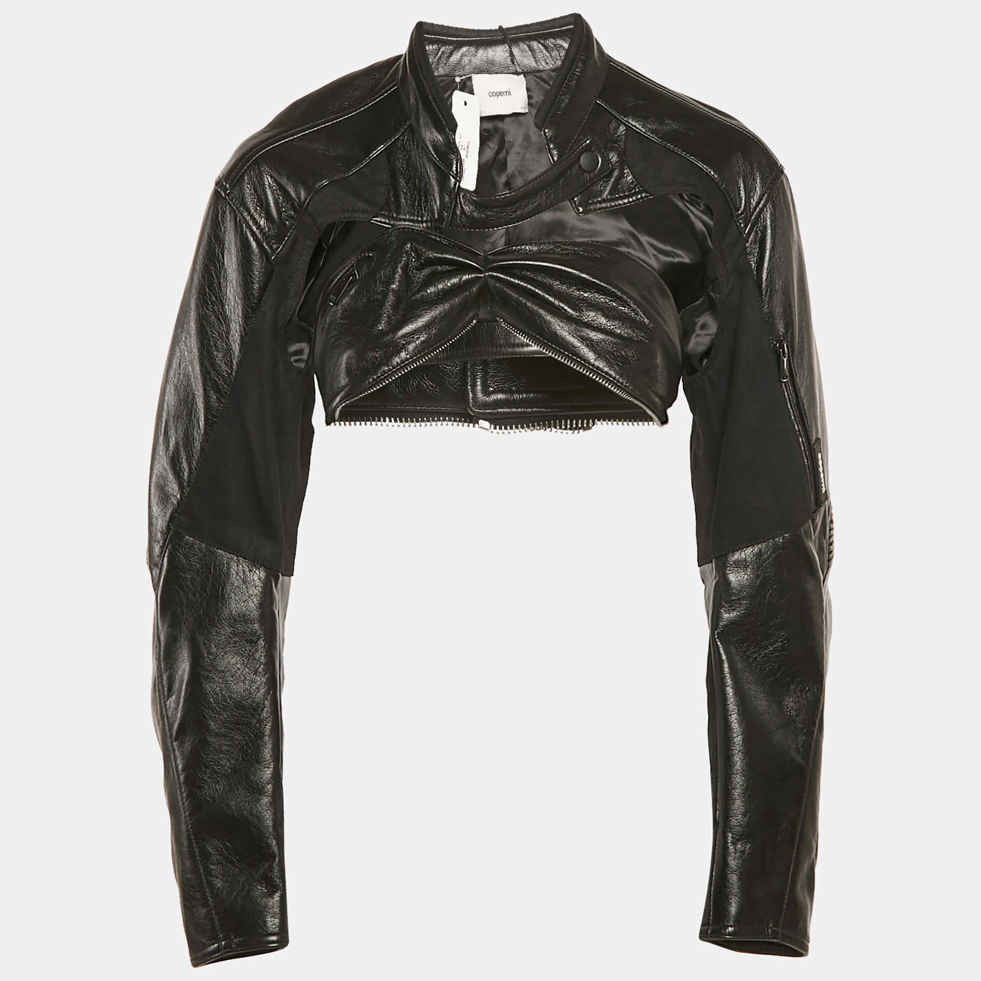 Coperni Black Faux Leather Cut-Out Cropped Biker Jacket S 