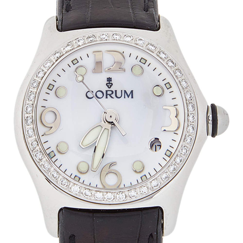 Corum White Stainless Steel Leather Diamond Bubble 39.250.20 Women s Wristwatch 36 mm