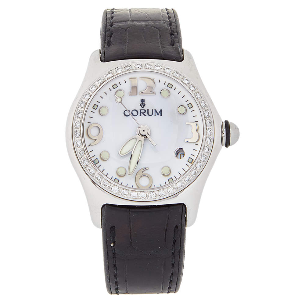 Corum White Stainless Steel & Leather Diamond Bubble 39.250.20 Women's Wristwatch 36 mm