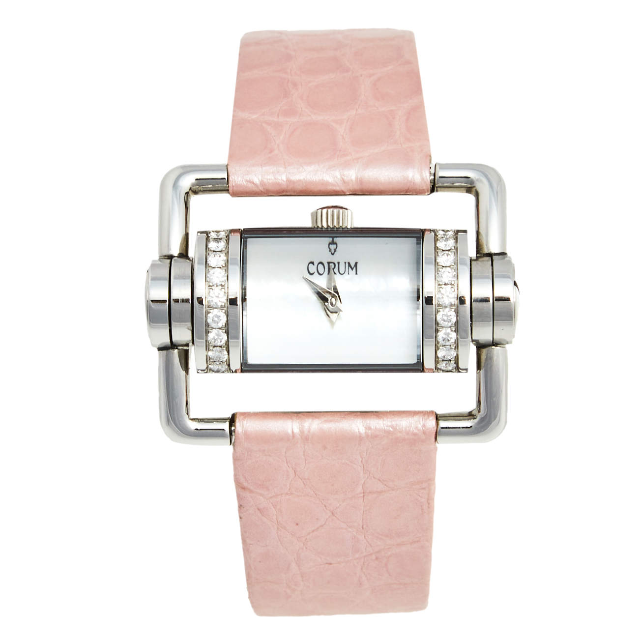 Pre Owned Corum Mother of Pearl Stainless Steel Crocodile Leather Diamond Horizontal 130.330.47 Women's Wristwatch 24 mm