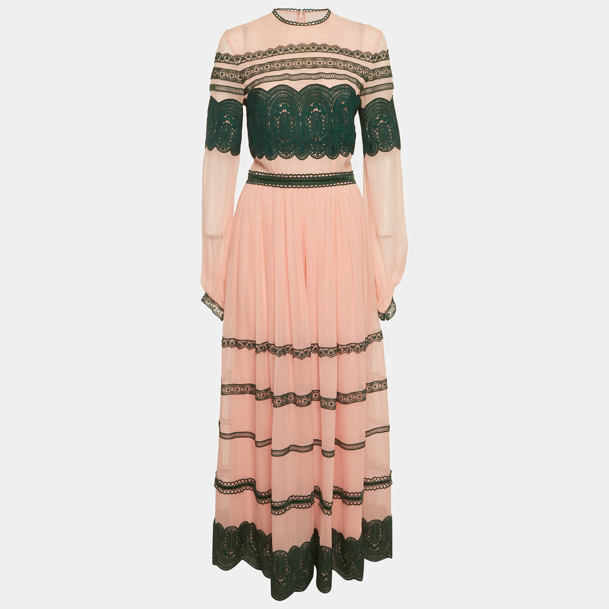 Pre Owned Costarellos Light Pink Chiffon & Lace Maxi Dress L