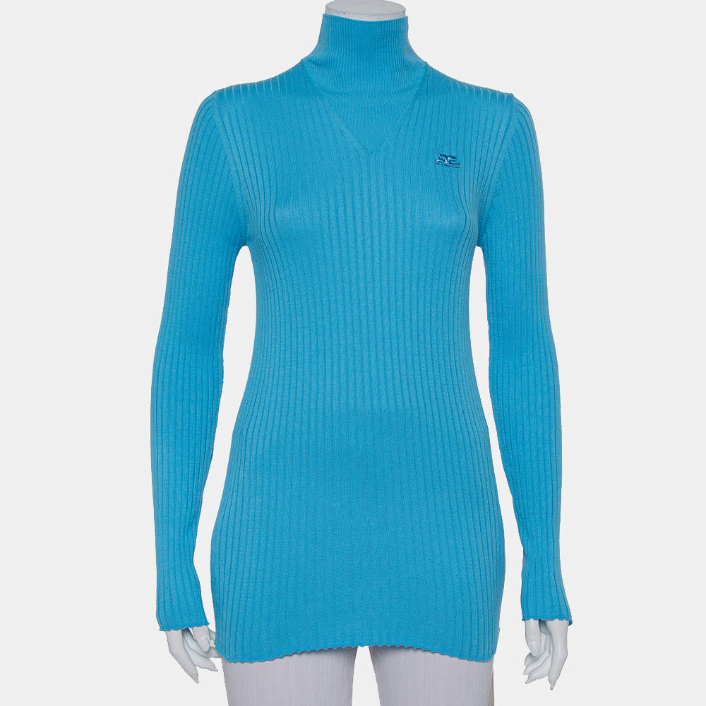 Courreges Paris Blue Rib Knit Turtleneck Sweater M