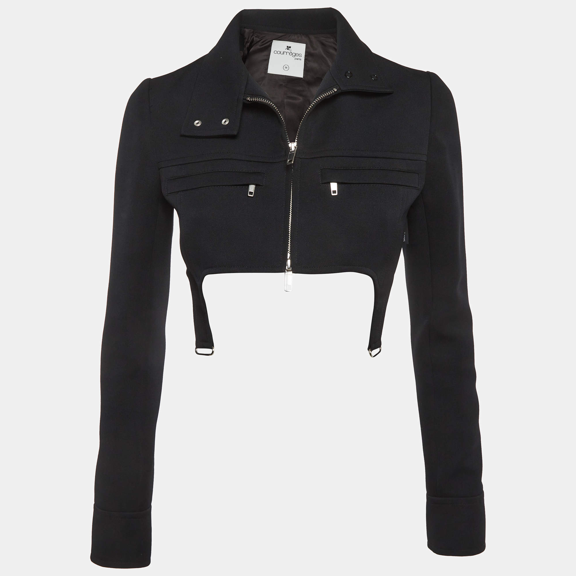 مملوكة مسبقًا Courreges Paris Black Stretch Crepe Suspender Crop Jacket S