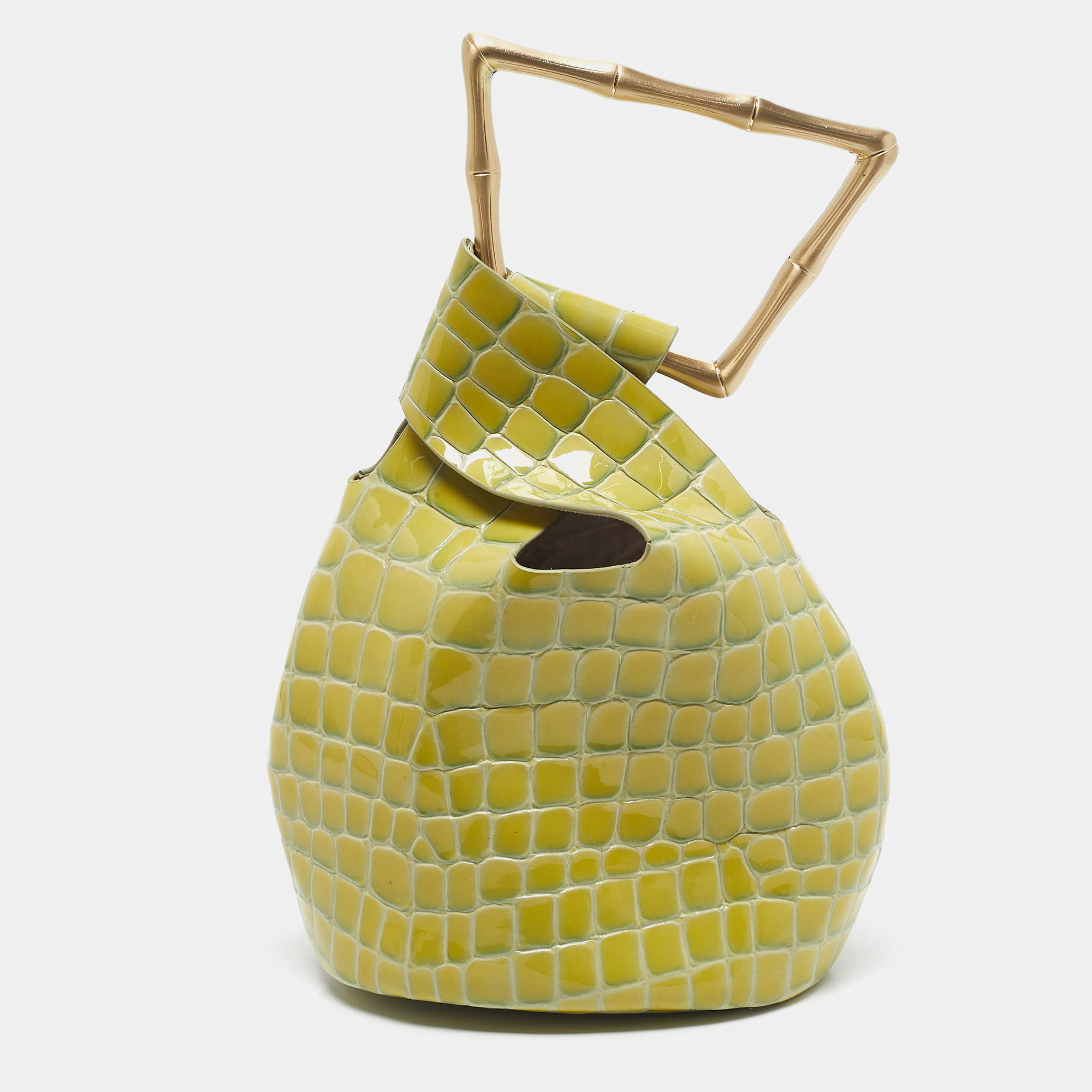Pre Owned Cult Gaia Yellow/Green Croc Embossed Patent Leather Astraea Top Handle Bag