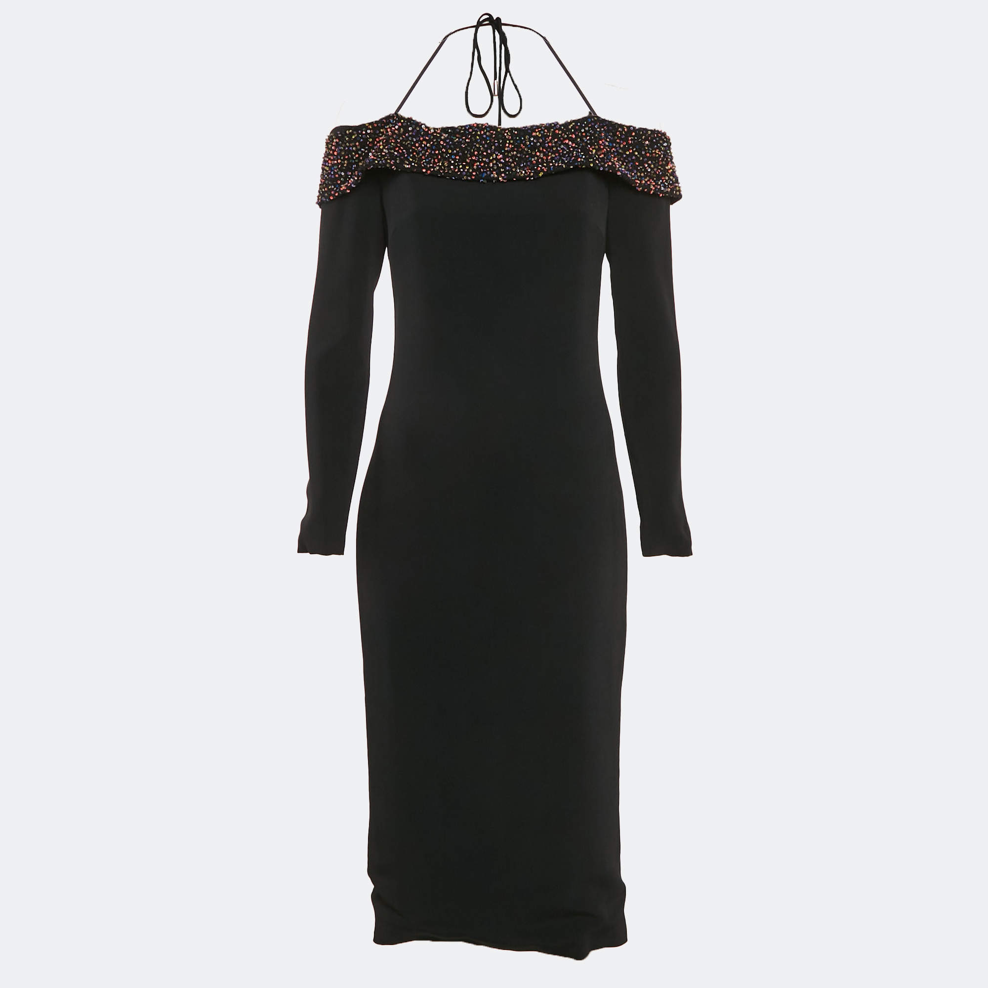 Pre Owned Cushnie et Ochs Black Embellished Crepe Off-Shoulder Midi Dress M