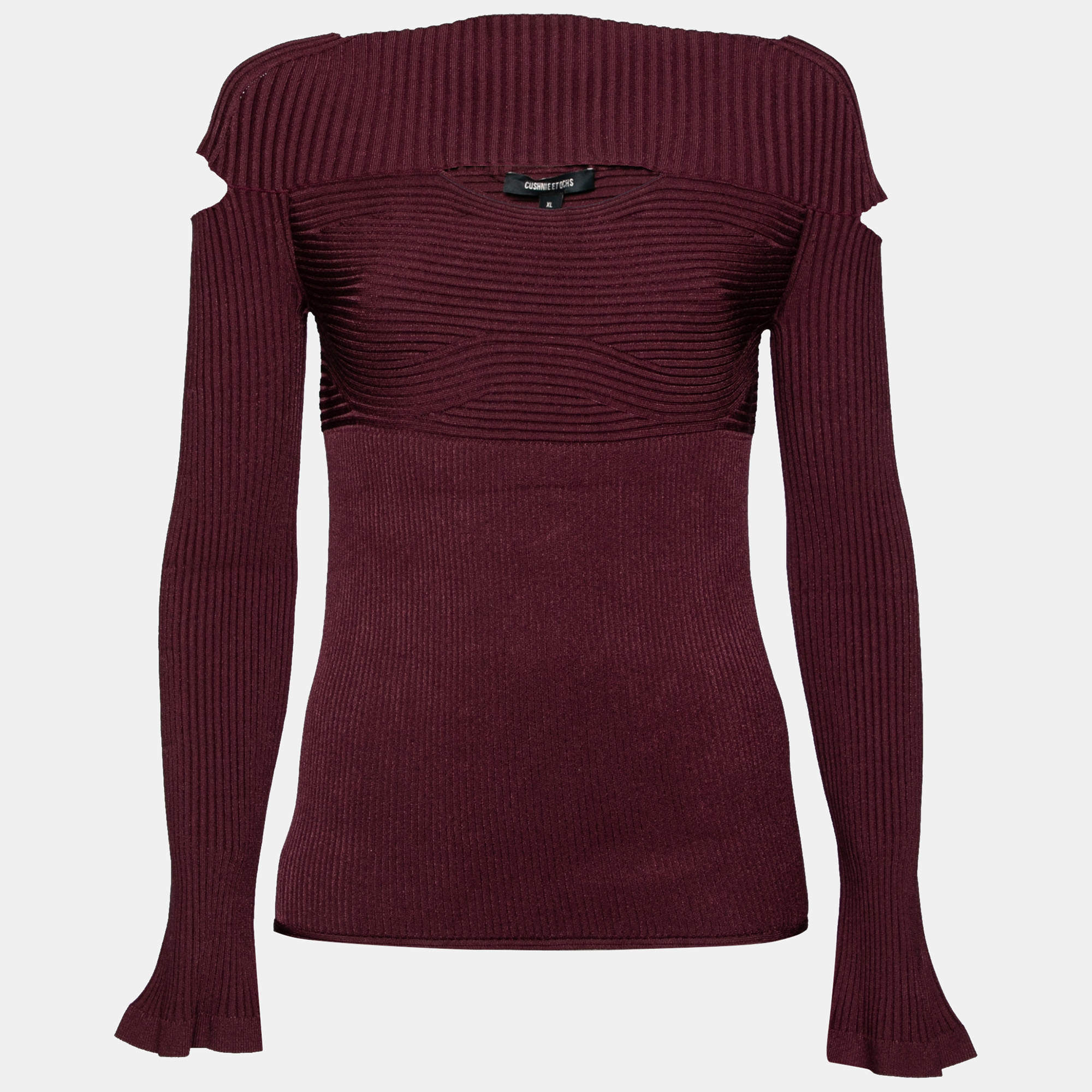 Pre Owned Cushnie et Ochs Burgundy Rib Knit Cut-Out Detail Sweater XL