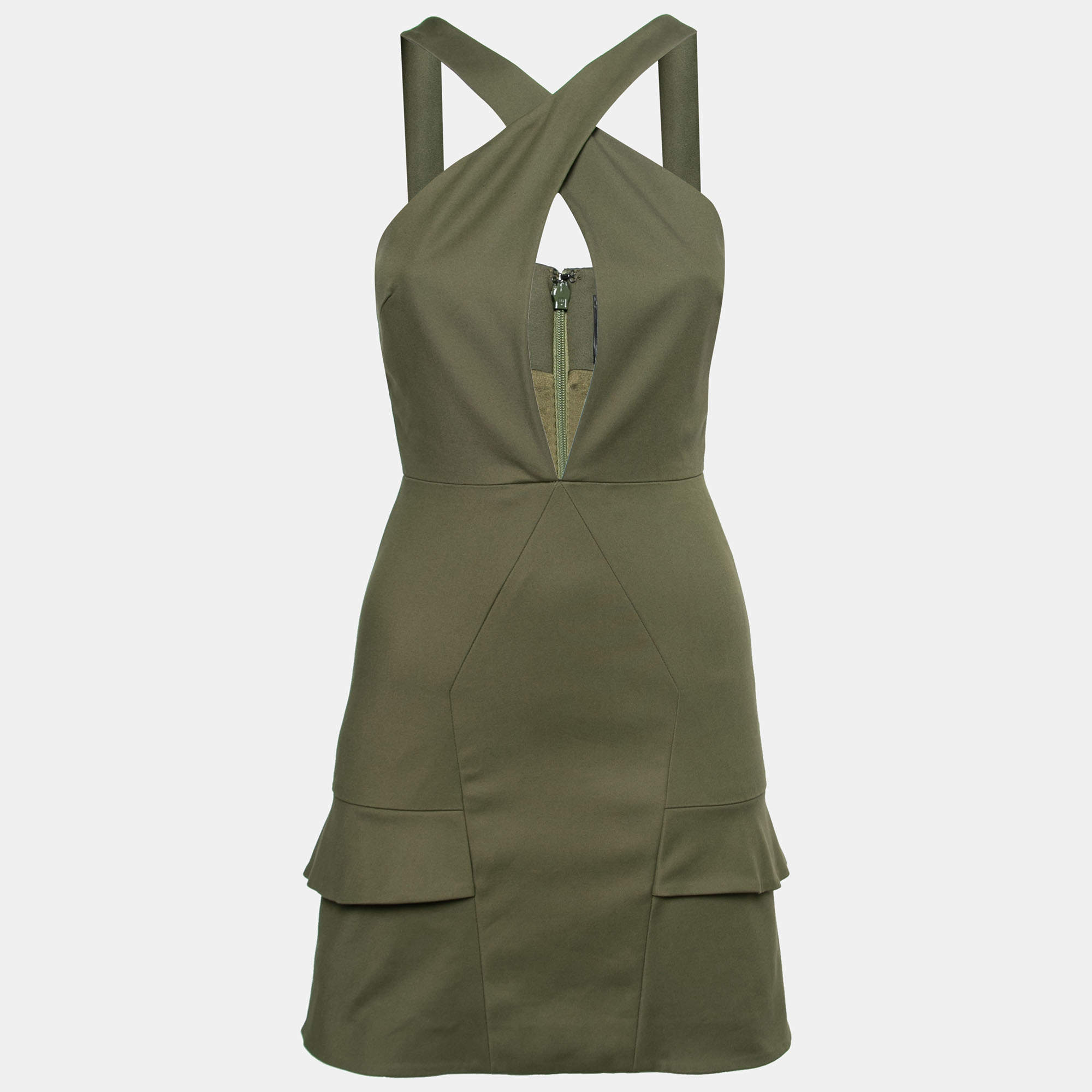 Cushnie Et Ochs Safari Green Stretch Cotton Keyhole Detail Mini Dress XS 