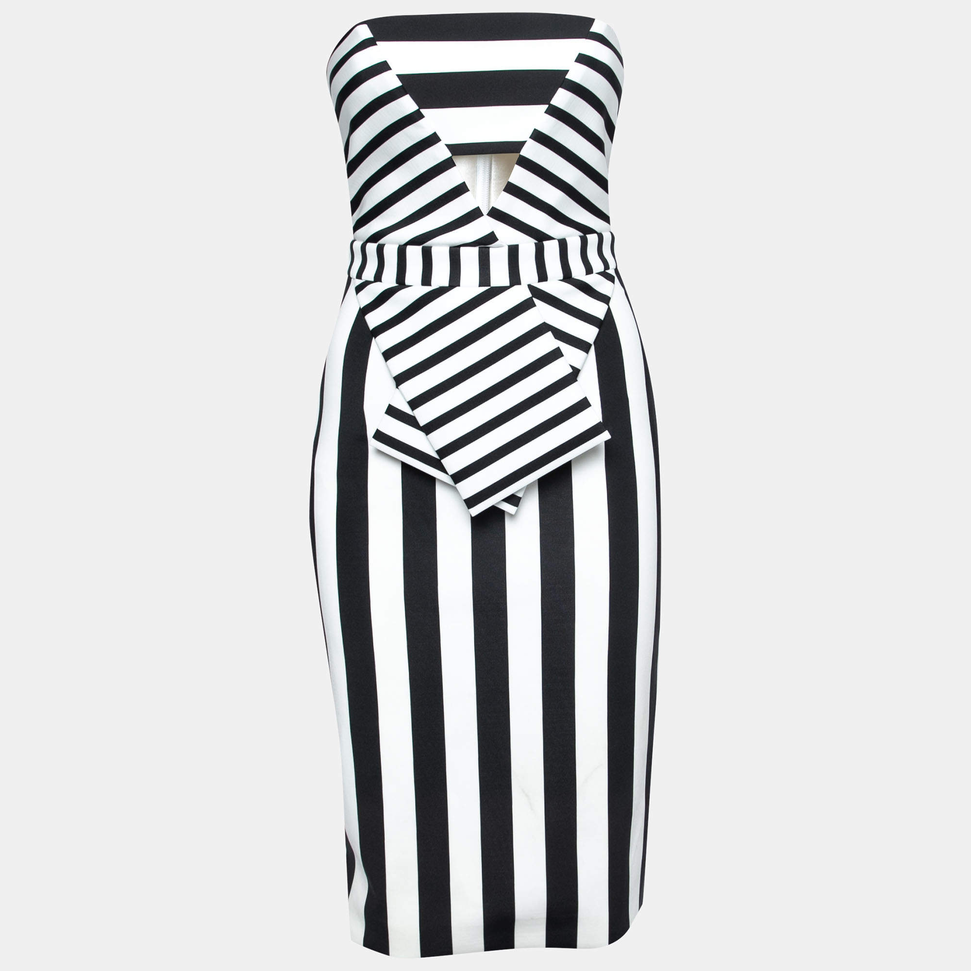 Pre Owned Cushnie Et Ochs Black and White Striped Neoprene Strapless Dress XS