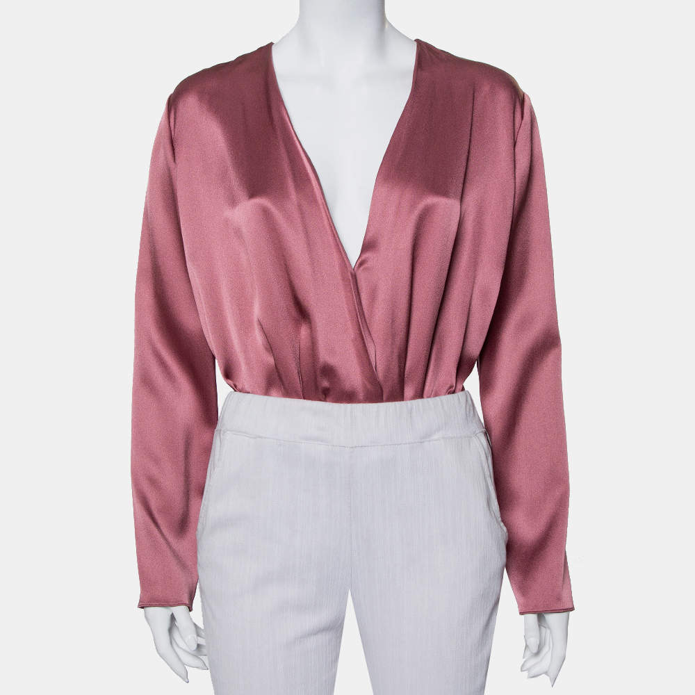 Cushnie et Ochs Pink Silk Charmeuse Faux Wrap  Body Suit L