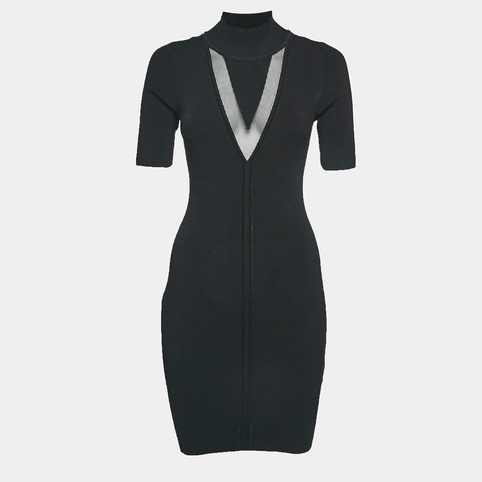 Pre Owned Cushnie Black Rib Knit High Neck Bodycon Mini Dress M