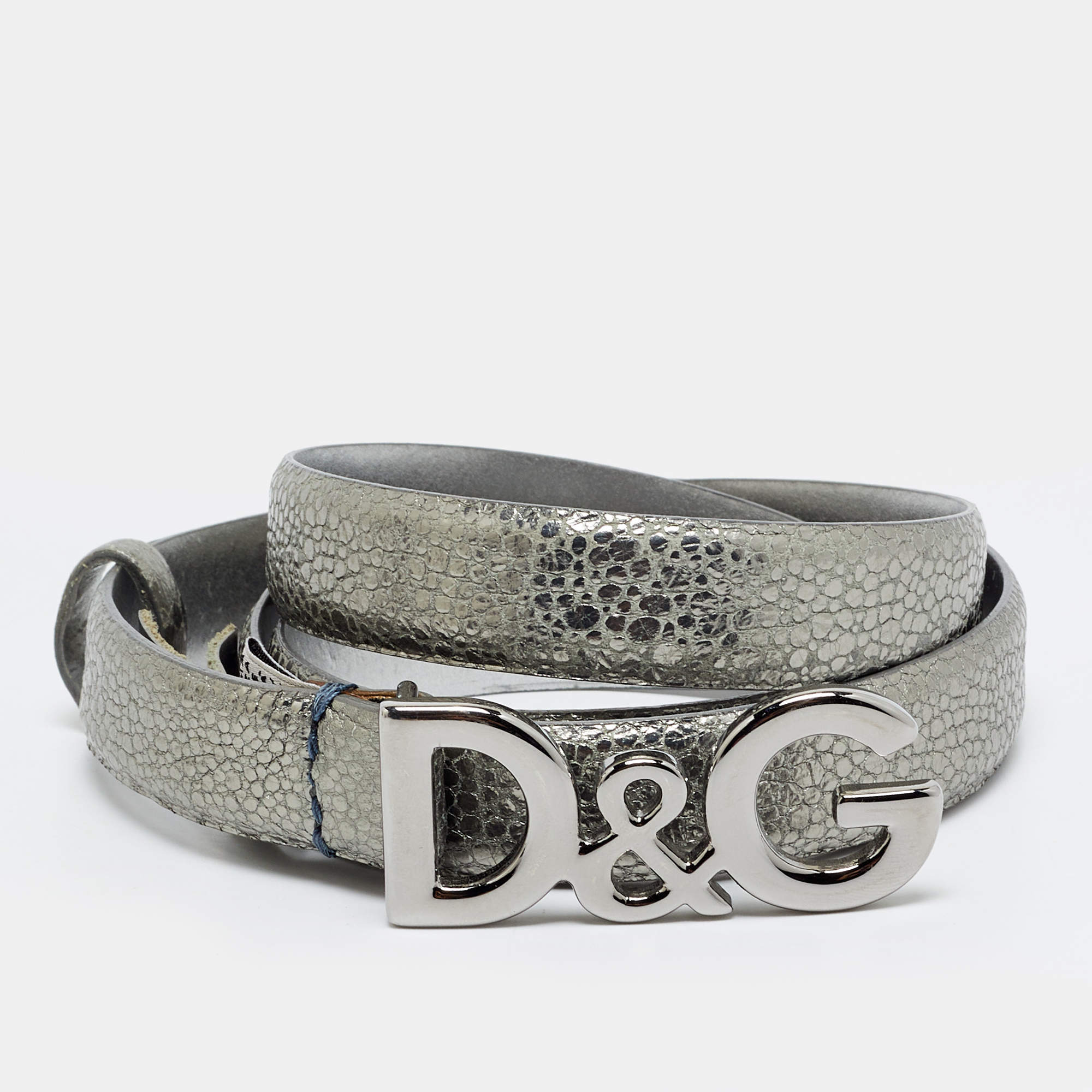 Pre Owned D&G Logo 90 CM Buckle Belt Silver Textured Leather