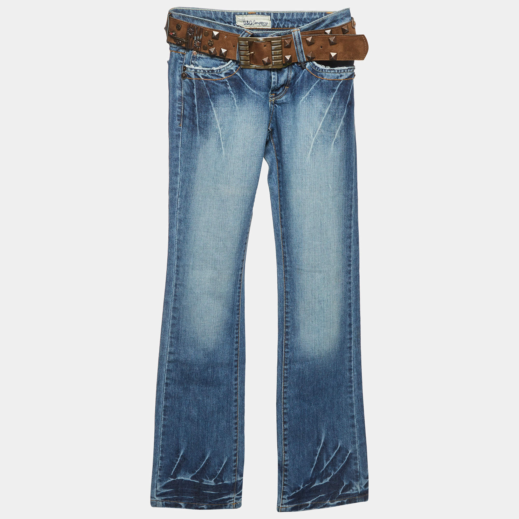 Pre Owned D&G Blue Denim Belted Wide Leg Jeans XS /Waist 27"