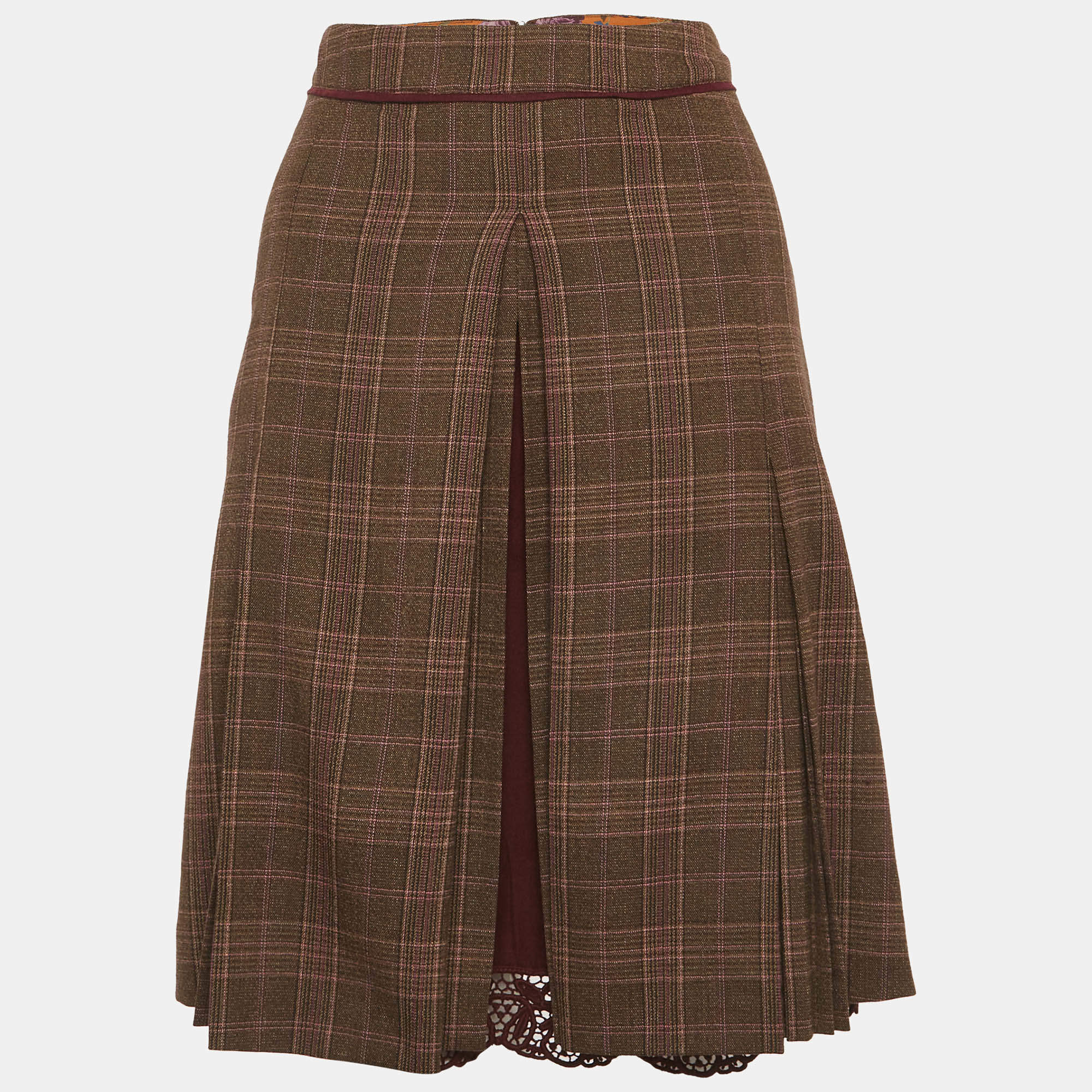 Pre Owned تنورة دي أند جي صوف مزيج بنية كاروهات مثنية ميني مقاس صغير