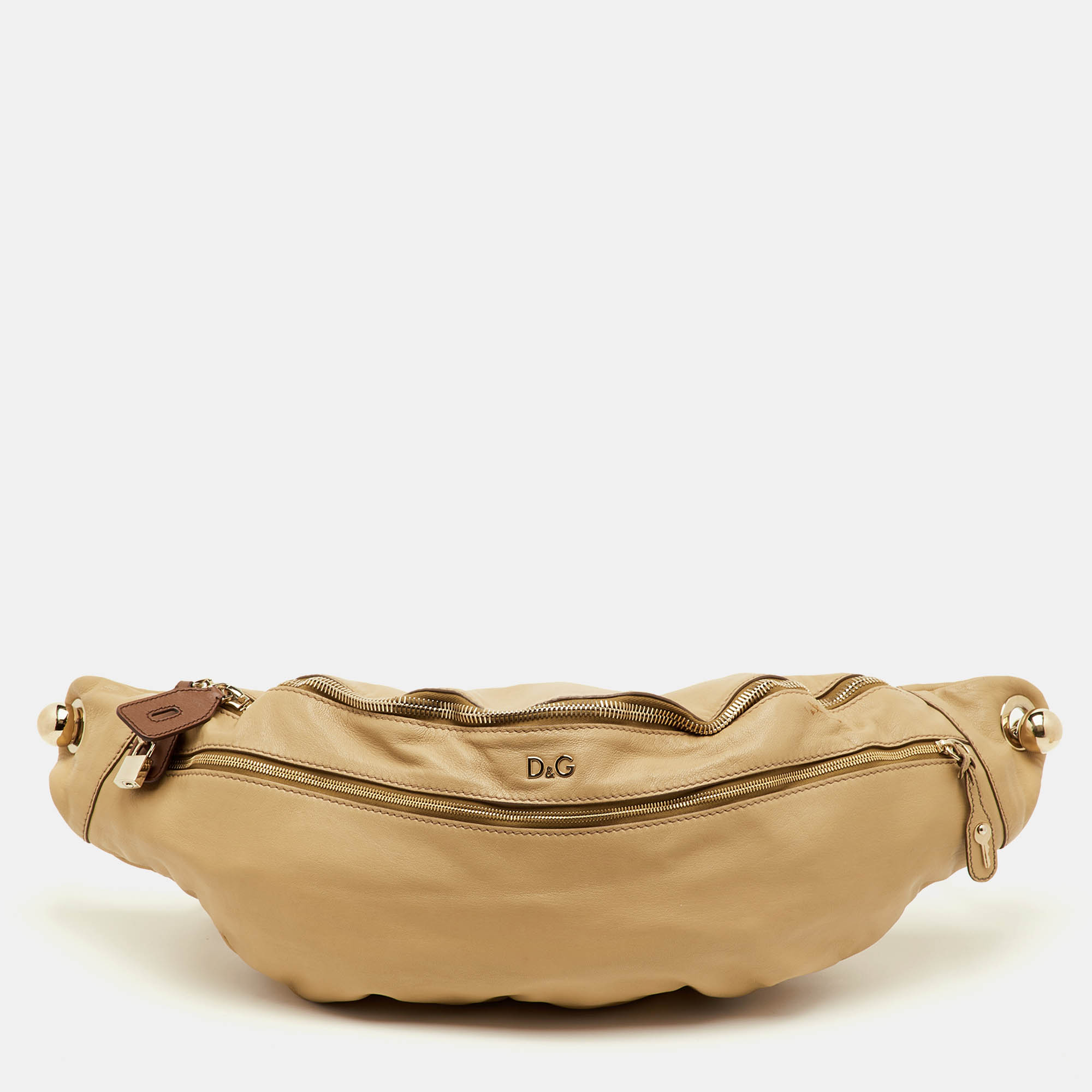 مملوكة مسبقًا D&G Bag Jeri Beige Leather Two Zipper Crossbody Bag