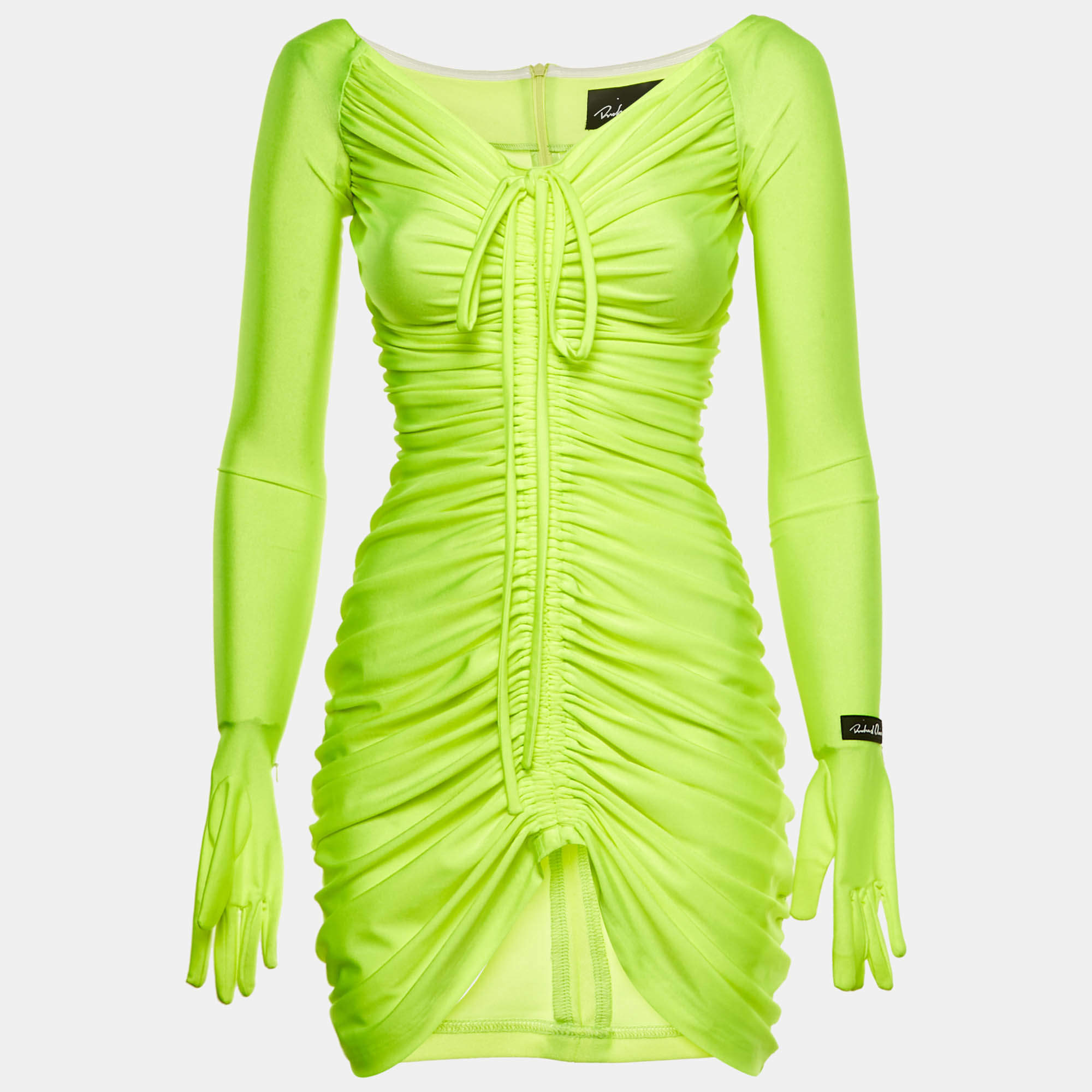 Pre Owned Richard Quinn Neon Green Jersey Glove Detail Ruched Mini Dress S