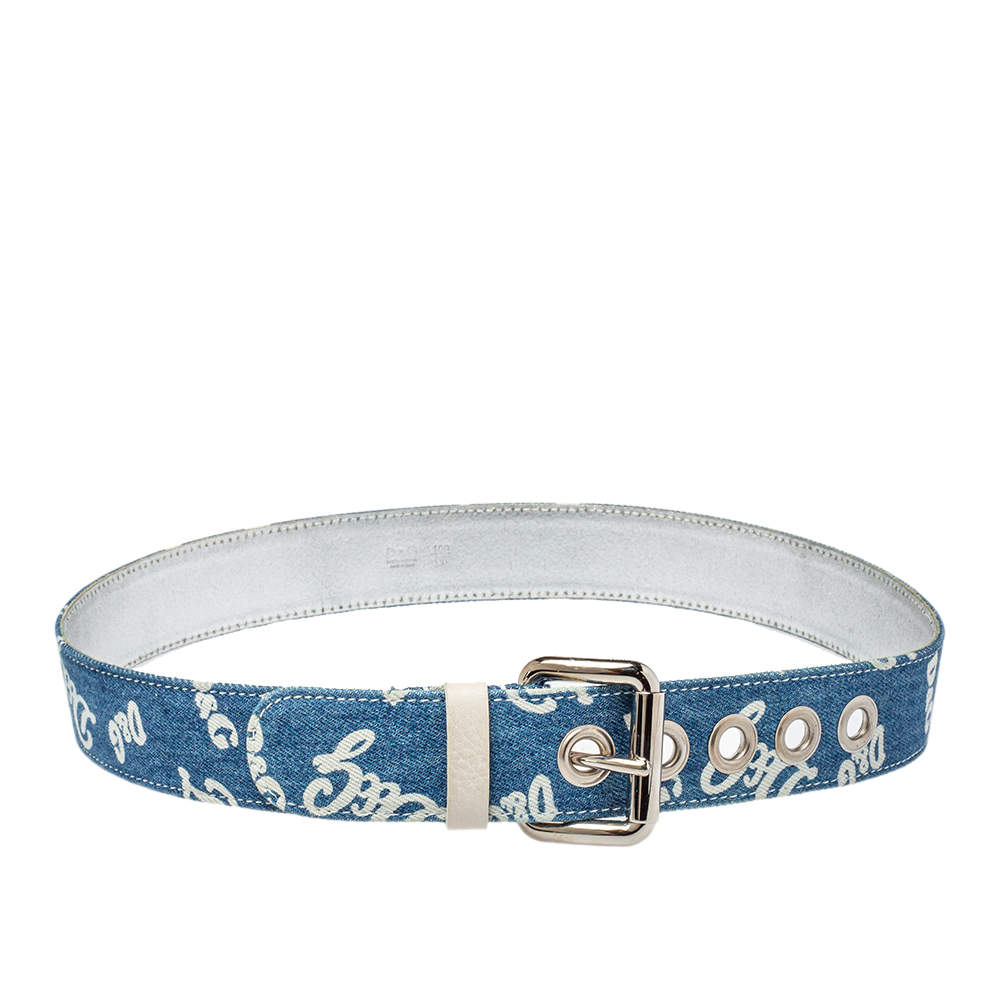 Pre Owned D&G Blue Denim Logo Print Buckle Belt 100CM