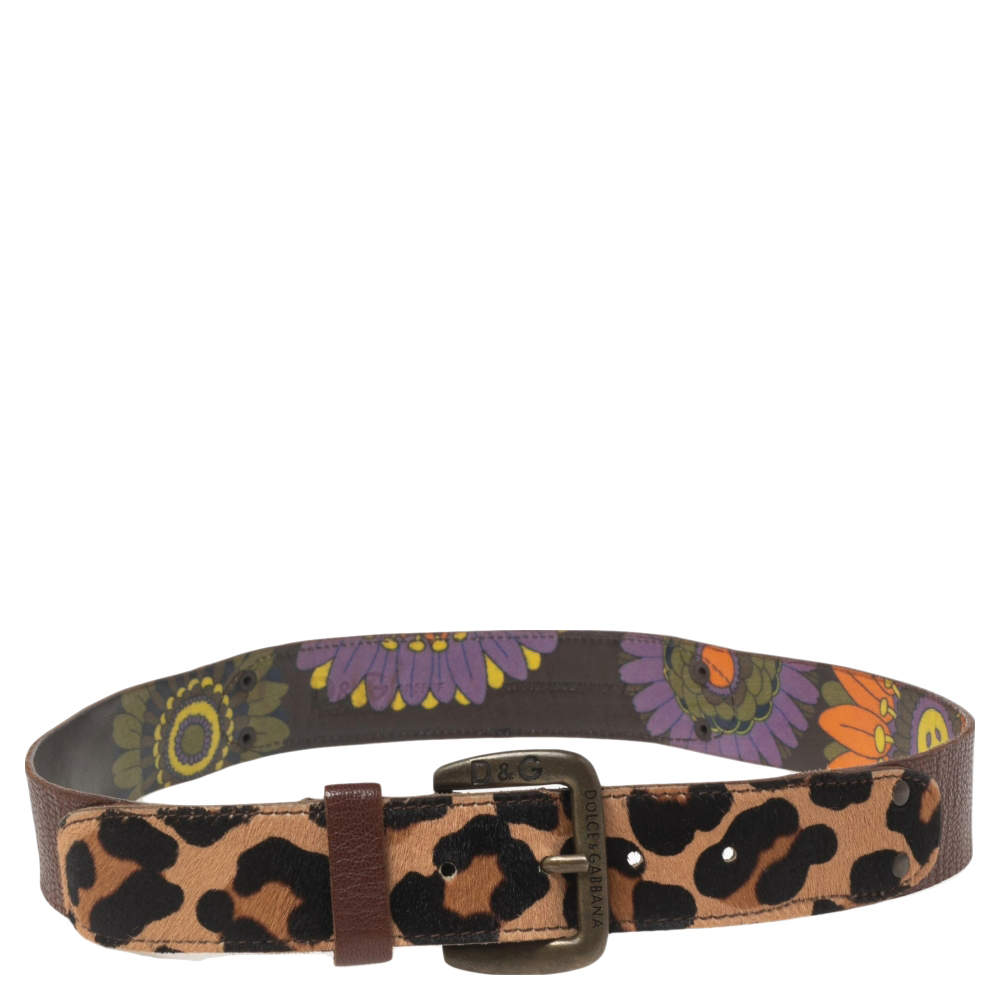 Pre Owned D&G Brown Leopard Print Calf Hair and Leather Buckle Belt 85CM