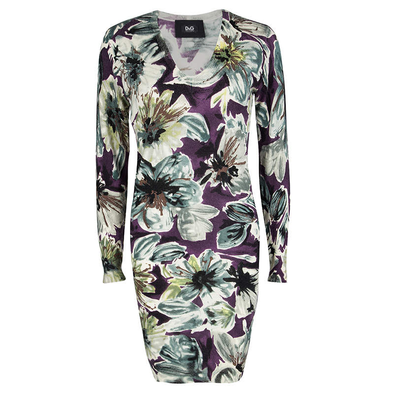 Pre Owned D&G Multicolor Floral Printed Wool V-Neck Sweater Dress S