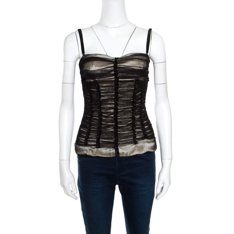 D & G Black Ruched Mesh Overlay Tank Top S