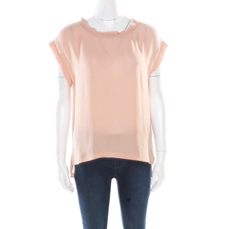 D & G Beige Silk Raw Edged Trim High Low Top S