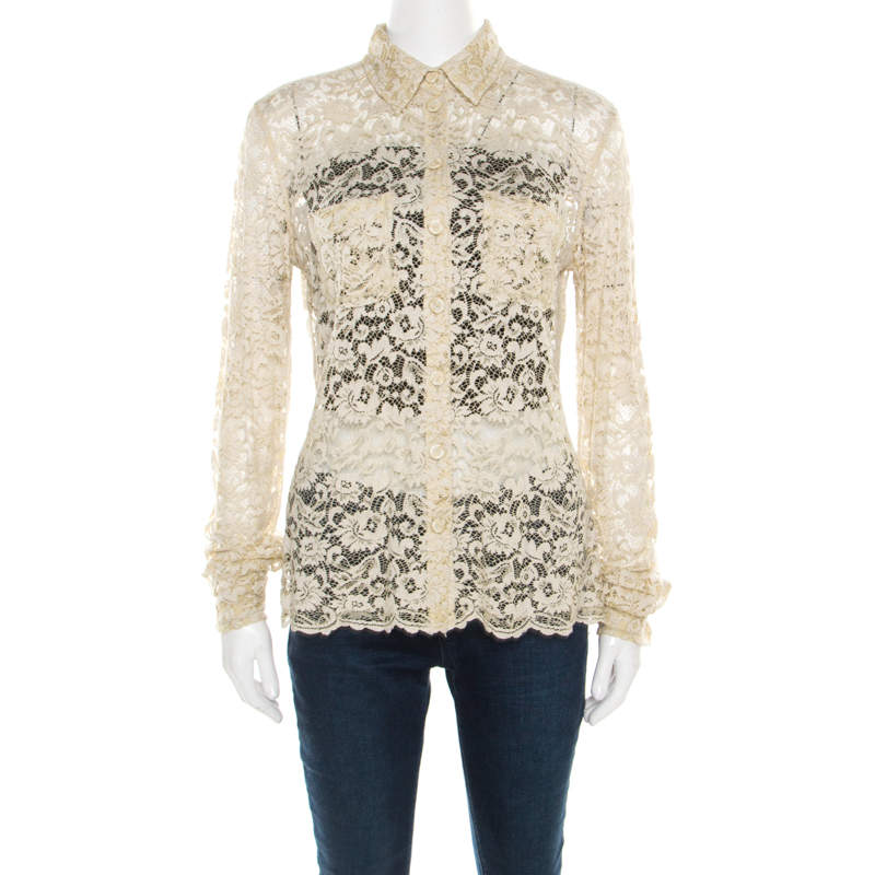 D&G Beige Floral Lace Long Sleeve Blouse S
