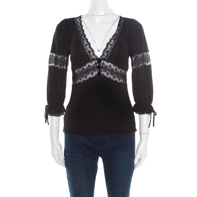 Pre Owned D&G Black Knit Lace Insert Detail Plunge Neck Top S