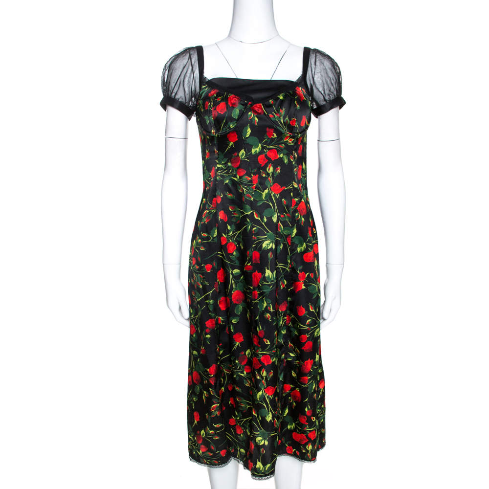 D&G Black Floral Print Stretch Satin Tulle Sleeve Corset Dress M