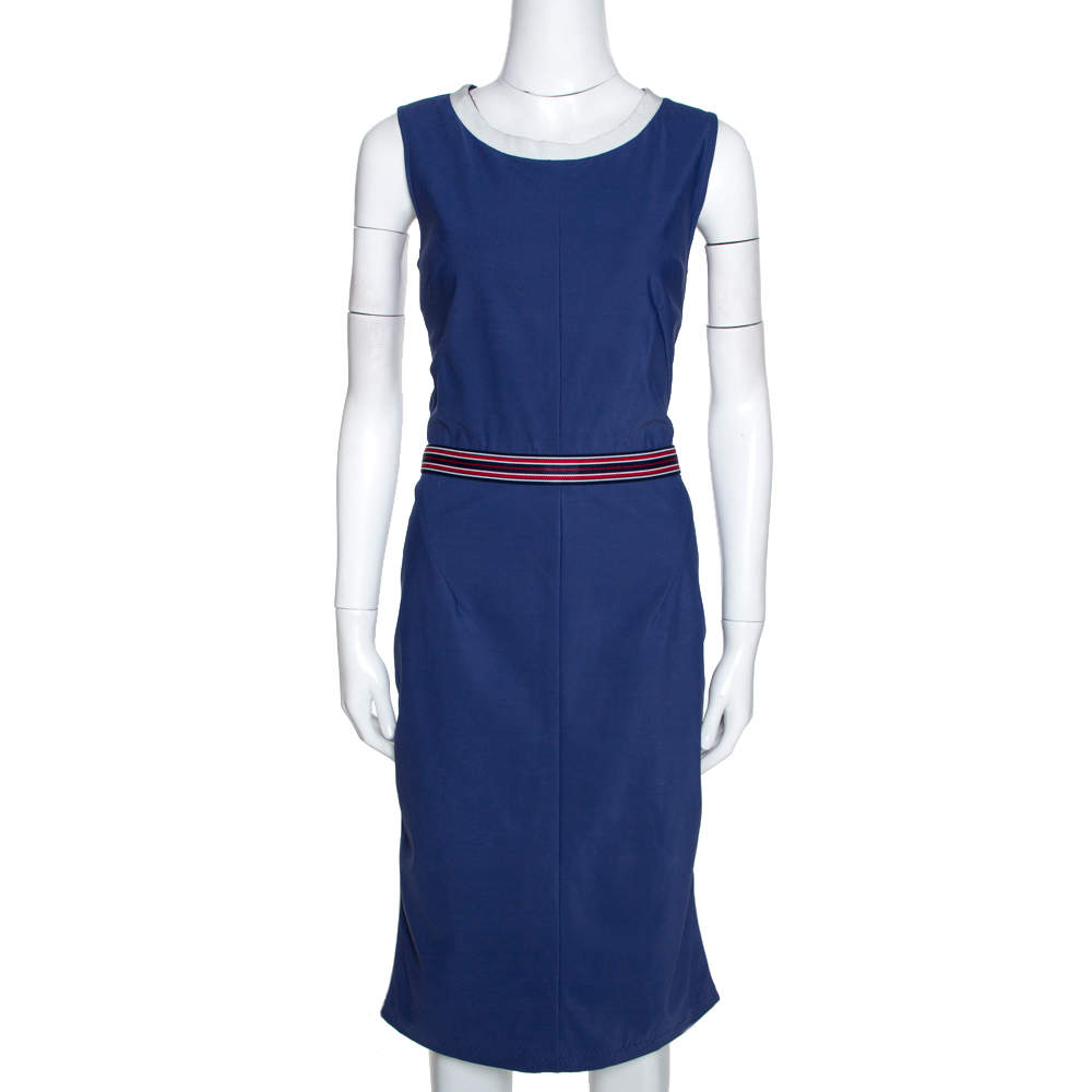 Pre Owned D&G Blue Synthetic Grosgrain Trim Detail Midi Dress L
