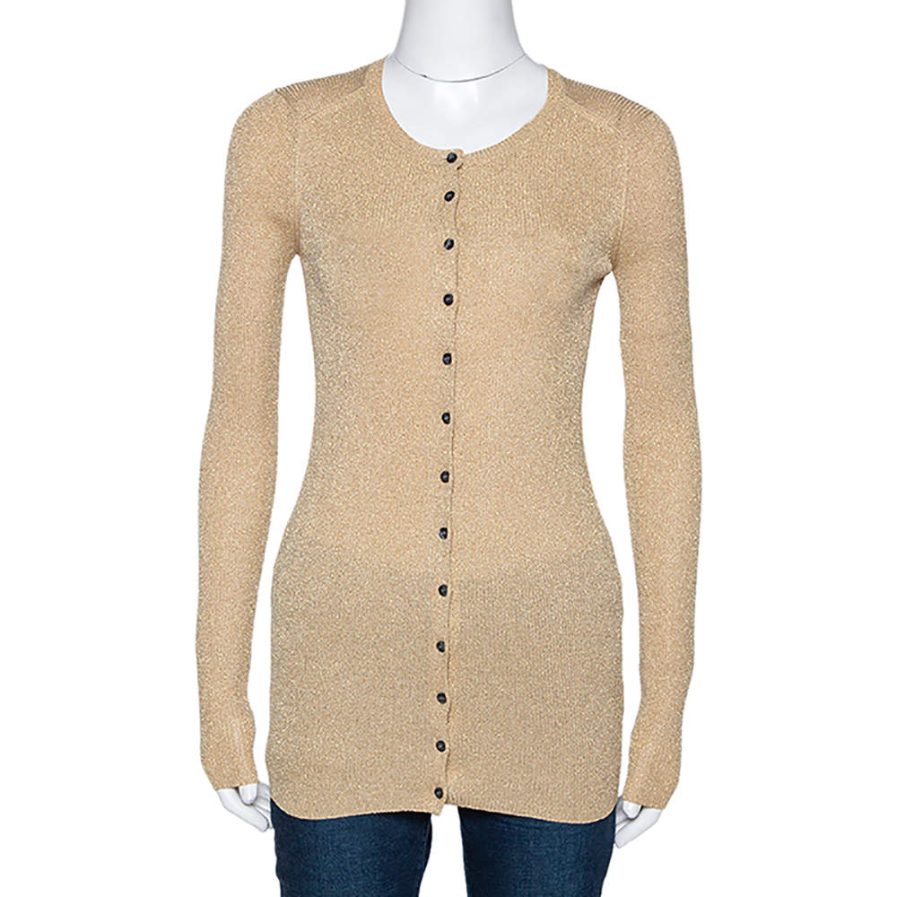Pre Owned D&G Gold Lurex Rib Knit Long Sleeve Fitted Cardigan S 