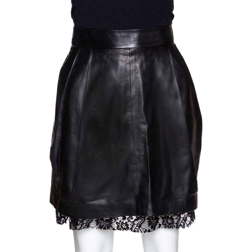 D&G Black Lamb Leather Lace Trim A Line Skirt S