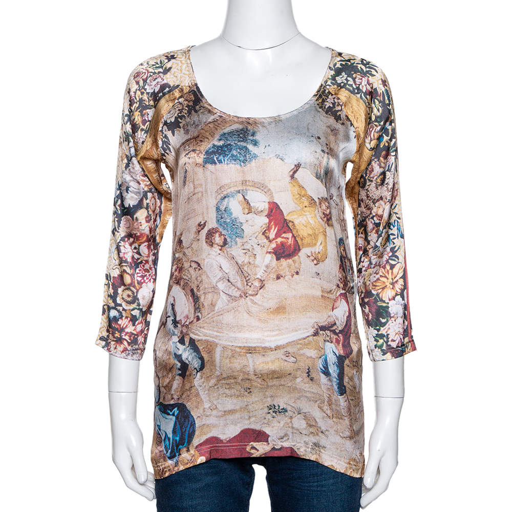 D&G Beige Abstract Printed Stretch Silk Long Sleeve Top M