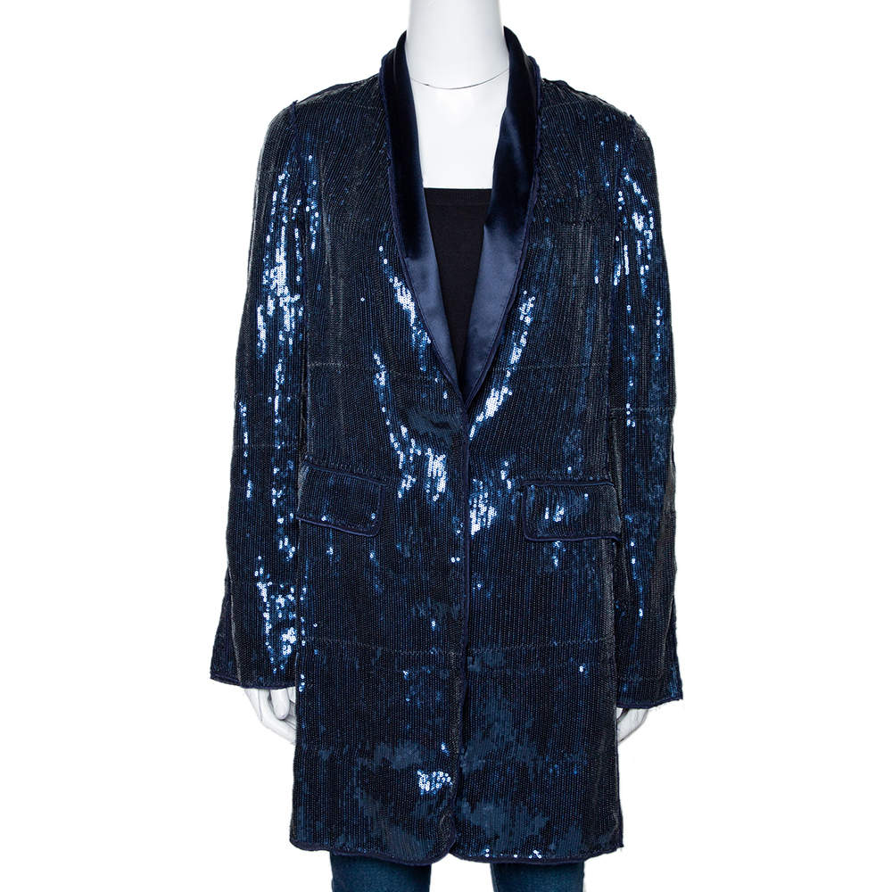 D&G Navy Blue Sequin Embellished Silk Blend Mid Length Jacket M 