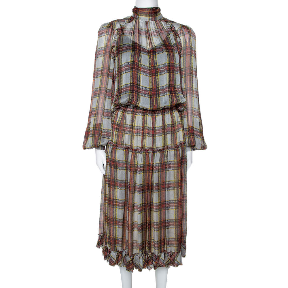 D&G Grey Plaid Print Silk Ruffled Midi Dress M