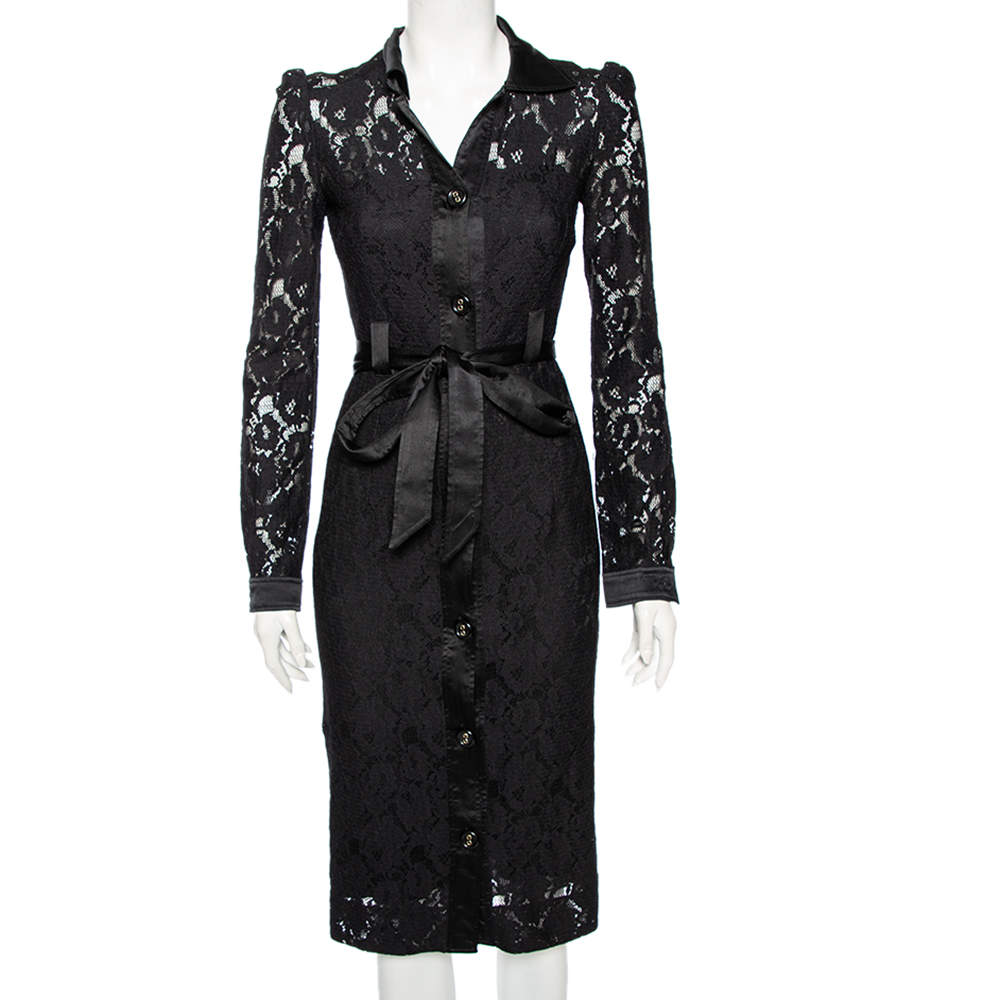 Pre Owned D&G Black Lace And Satin Trim Button Down Belted Midi Dress S