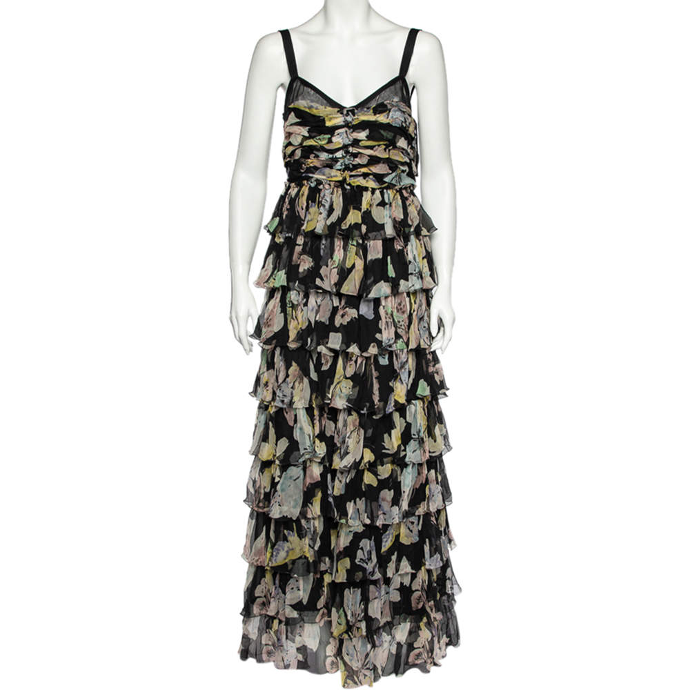 D&G Black Floral Print Silk Crepe Tiered Maxi Dress L
