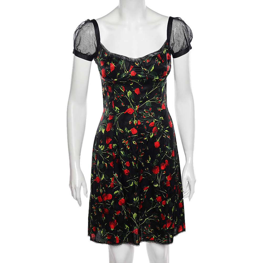 Pre Owned D&G Black Floral Printed Silk Satin Mini Dress M