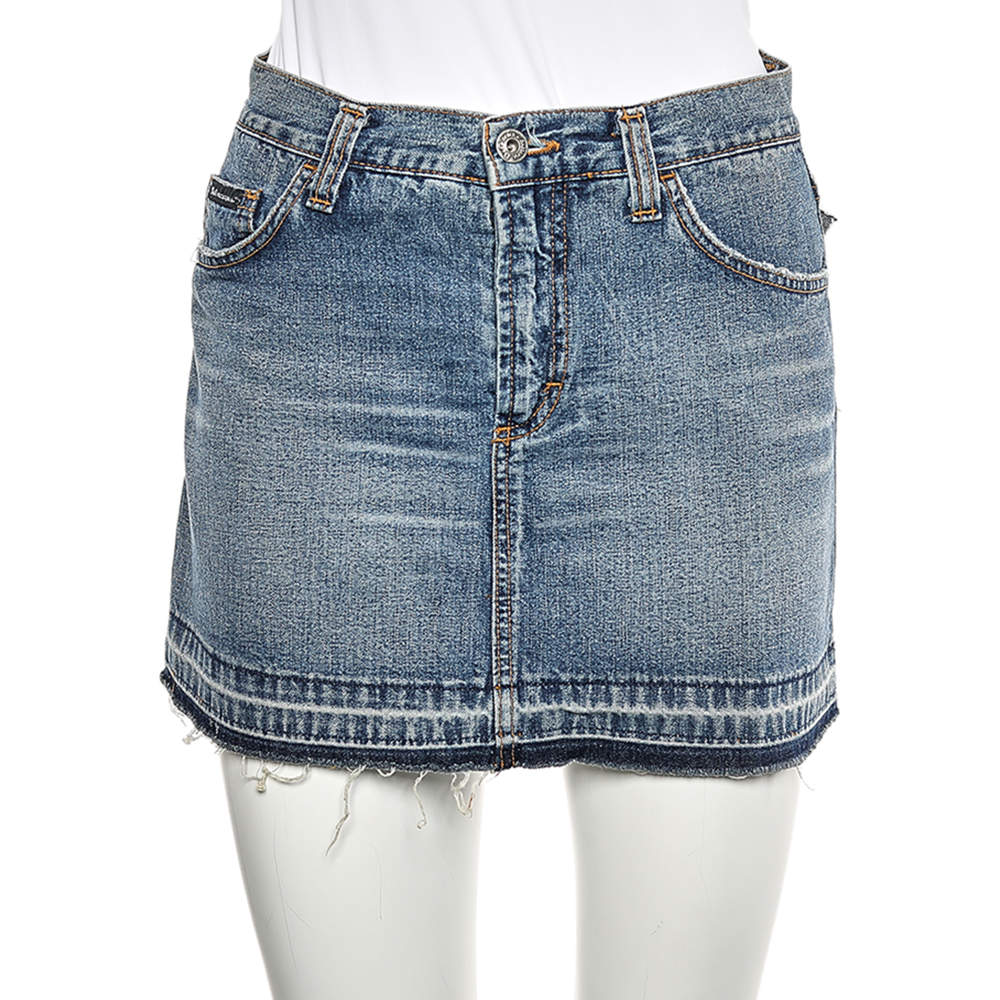 D&G Blue Denim Back Floral Logo Embroidered Mini Skirt S