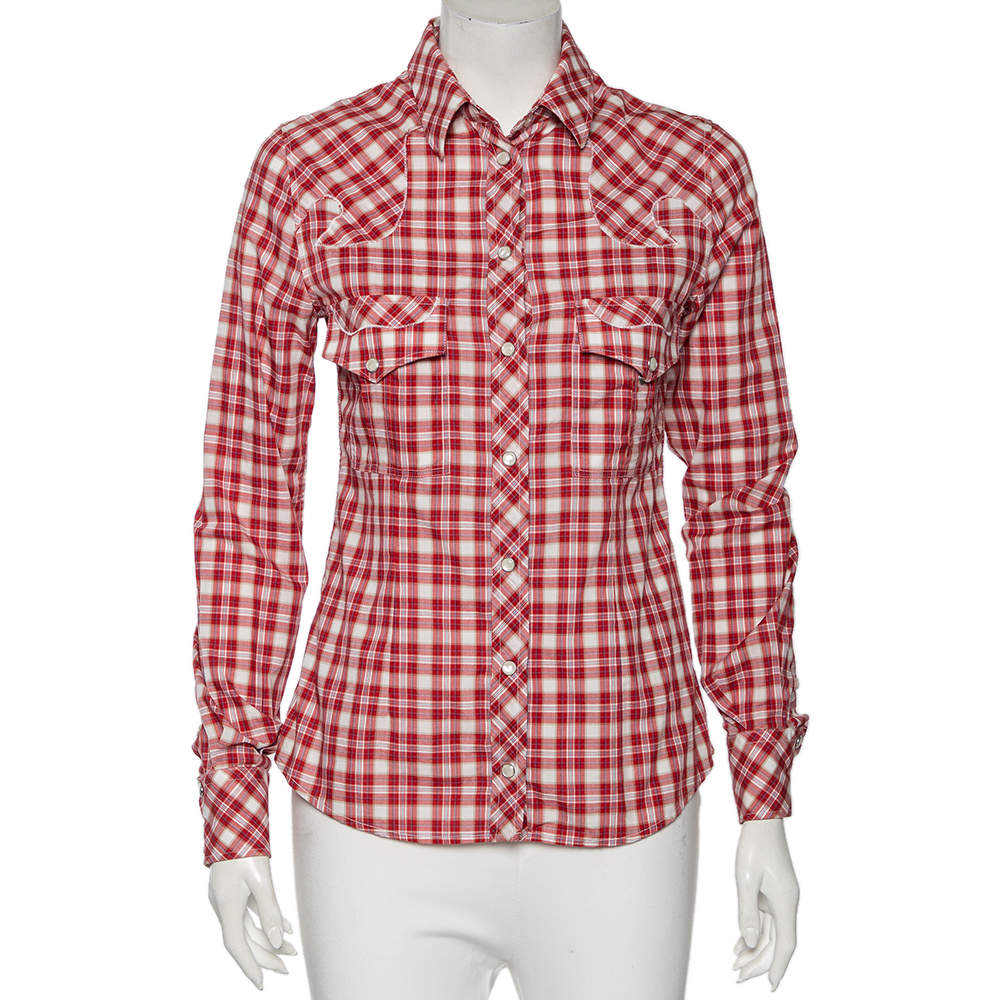 D&G Red Checkered Cotton Regular Fit Shirt M