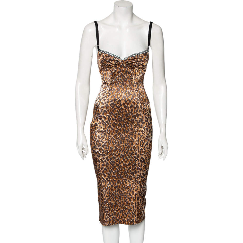 Pre Owned D&G Brown Animal Printed Textured Cotton Sleeveless Sheath Dress S