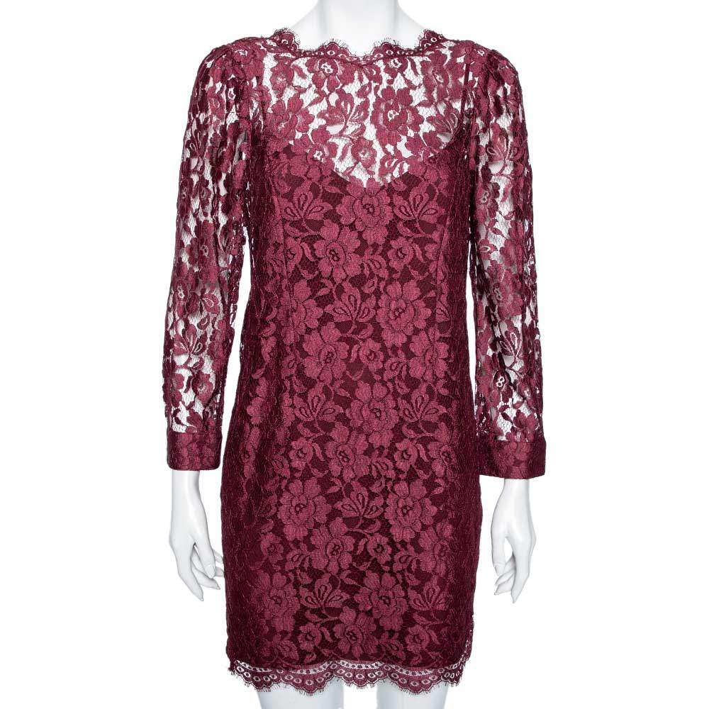 Pre Owned D&G Burgundy Lace Shift Mini Dress M