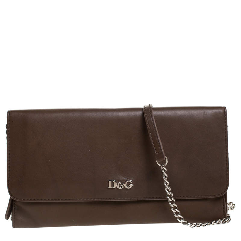 D&G Brown Leather Flap Chain Clutch