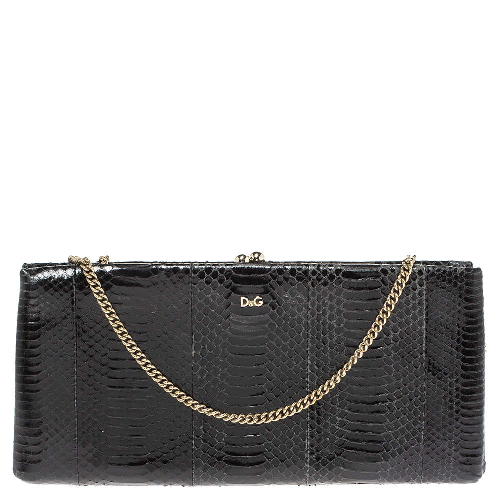 Pre Owned D&G Black Snakeskin Effect Leather Vania Chain Clutch