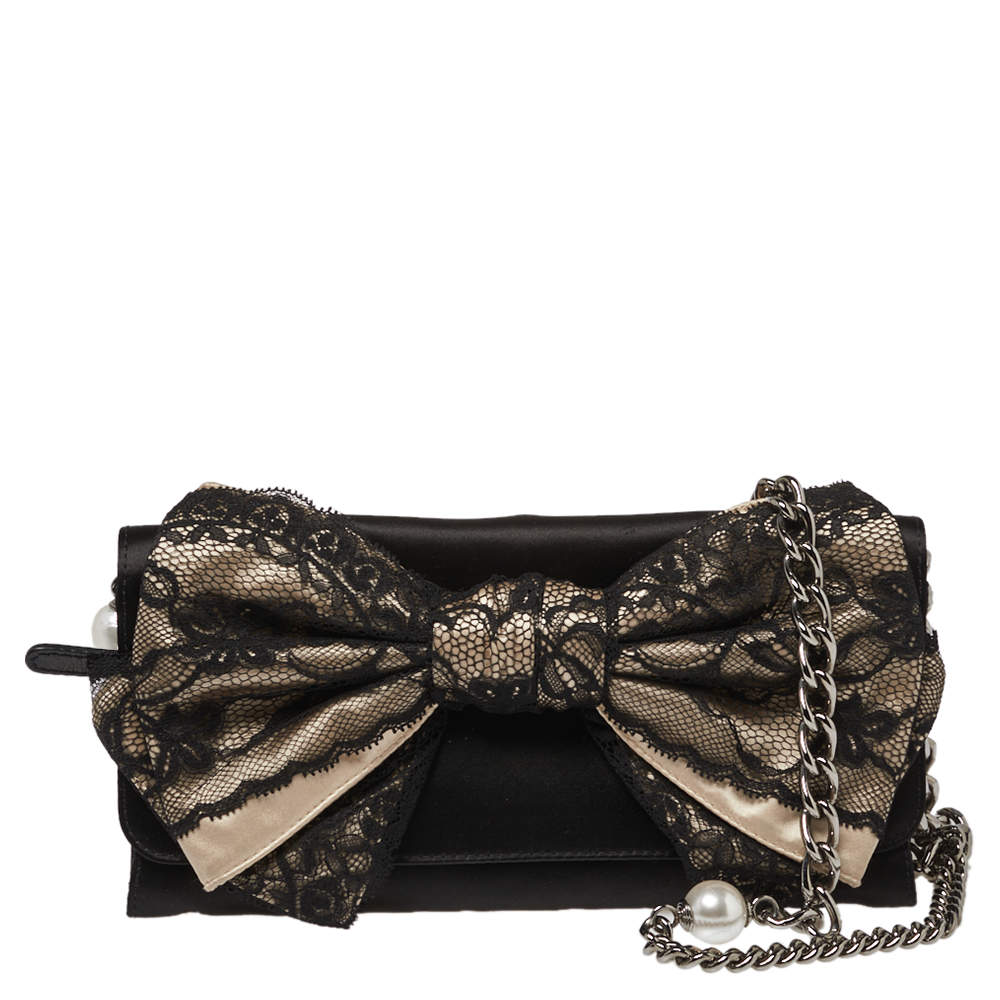 Pre Owned D&G Black/Beige Satin and Lace Bow Maika Chain Clutch