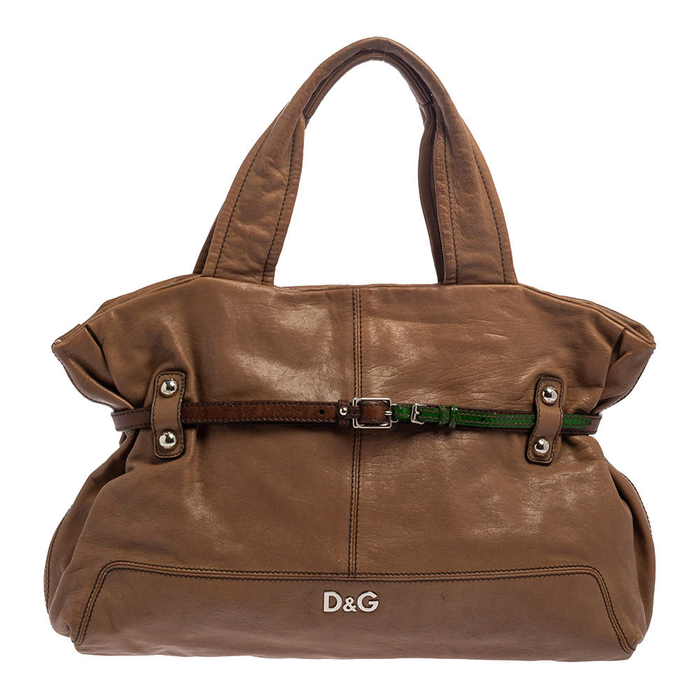 Pre Owned D&G Brown Leather With Green Patent Strap Bag Isotta Tote 