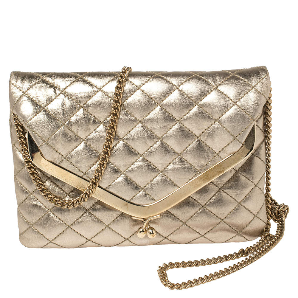 D&G Metallic Gold Quilted Leather Kisslock Foldover Chain Clutch